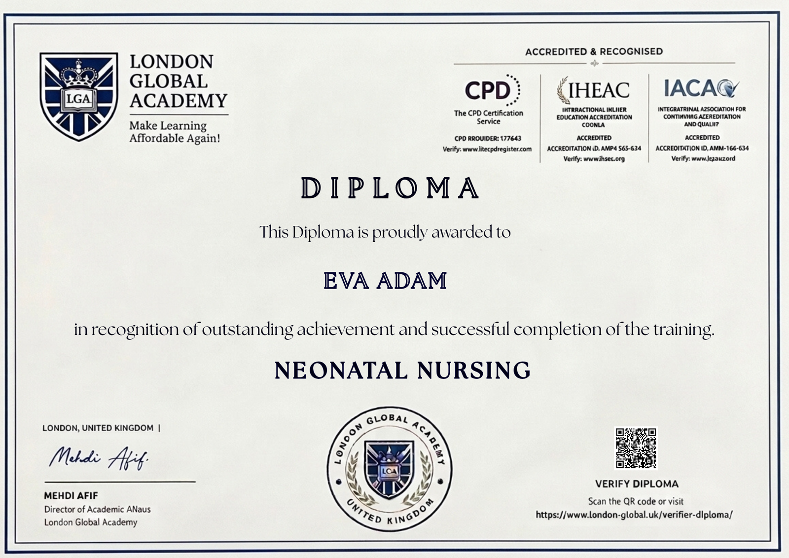 Named example of a London Global Academy Neonatal Nursing diploma awarded to Eva Adam
